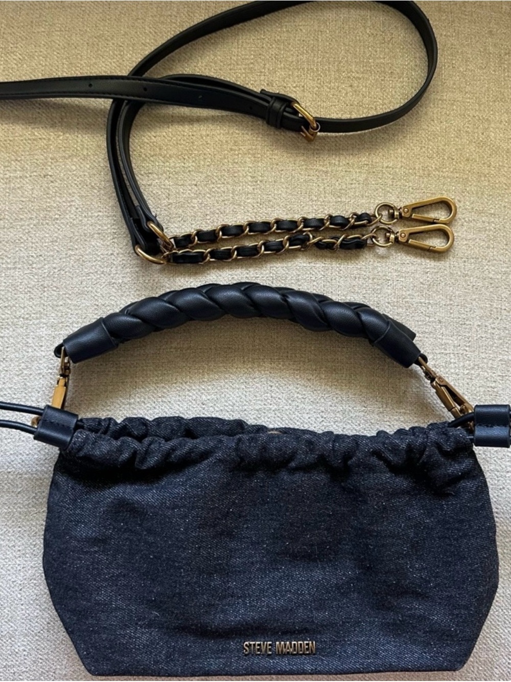 Steve Madden Black Drawstring Mini Shoulder Bag with Braided Handle
